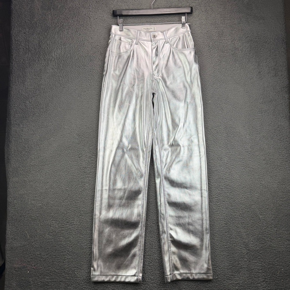 Abercrombie Fitch 90s Relaxed High Rise Silver Metallic Faux Leather Pants 27 4